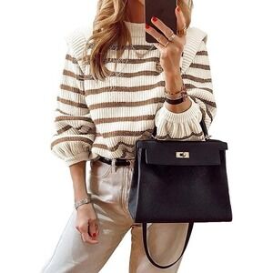 LouKeith Women's Striped Ribbed Knit Sweater Crewneck Lantern Sleeve Pullover M